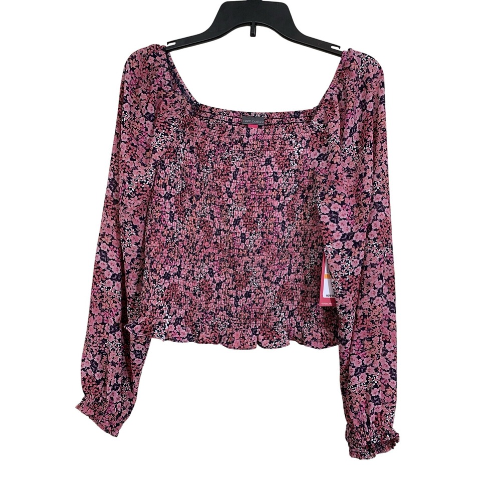 Vince Camuto Smocked Blouse Long Sleeves Pink And Black Floral Print Size S New